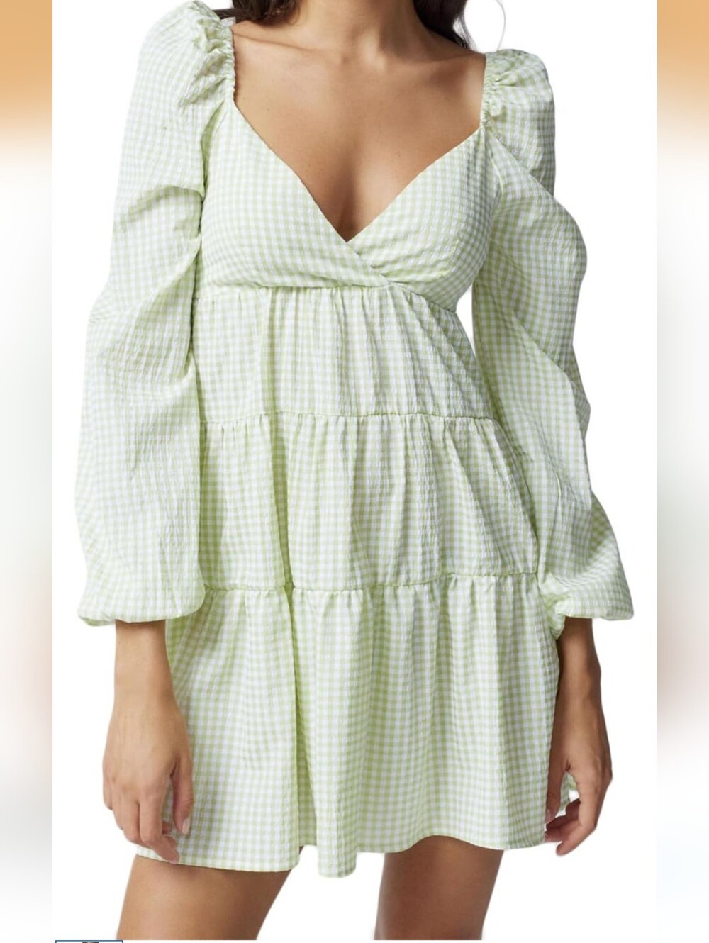 Gingham Tiered Puffy Long Sleeves Mini Dress